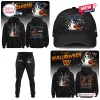 Collage of black hoodies, sweatpants, and a cap featuring Halloween football graphics.