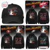 Collage of black hoodies and a hat featuring various football team Halloween designs.