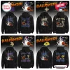 Four-panel view of All Team NFL Happy Halloween 2026 Hoodie designs featuring ghost and pumpkin graphics.