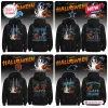 Four panels showing front and back views of black All Team NFL Happy Halloween 2026 Hoodie designs with ghost graphics.