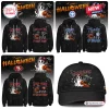 Front and back views of black Halloween football hoodies and a cap featuring ghost and pumpkin graphics.