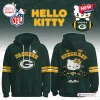 Front and back view of a dark green hoodie with Packers text and Hello Kitty graphics.