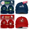 Front and back views of blue and red hoodies paired with matching baseball caps featuring football team logos.