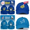 Front and back view of blue football hoodies and matching caps with team graphics.