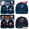 Front and back views of two dark blue hoodies and caps featuring football and character graphics.