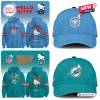 Front and back views of blue and teal hoodies alongside matching baseball caps with sports logos.