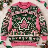 Front view of an Alpha Kappa Alpha 1908 Ugly Christmas Sweater featuring pink and green holiday knit patterns.