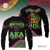 Front and back view of a black long sleeve shirt with green pink and yellow graphics.