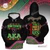 Front and back view of a black hoodie with green, pink, and red graphics for Juneteenth and Black History Month.