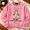 Front view of Alpha Kappa Alpha Pink Bear Sweatshirt featuring a teddy bear in a letterman jacket and green handbag.