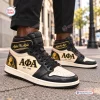 Close-up of Alpha Phi Alpha Retro High Top Air Jordan 1 Sneakers worn outdoors on a city sidewalk.
