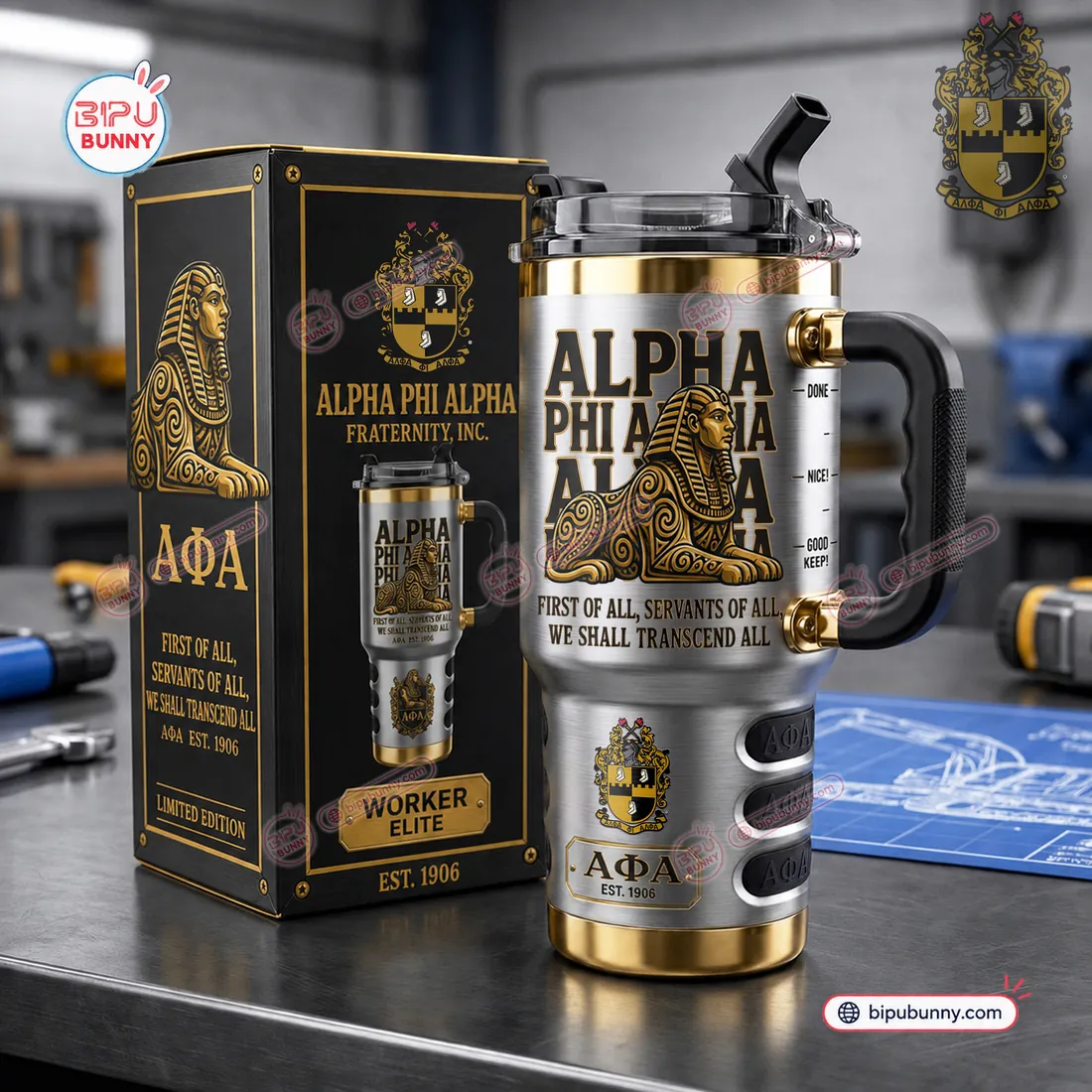 Alpha Phi Alpha Sphinx Stainless Steel Tumbler displayed beside its black and gold presentation box