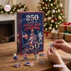 Front view of America 250th Heritage Christmas Advent Calendar box with patriotic ornaments on a wooden table.