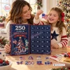 Front view of an America 250th Heritage Christmas Advent Calendar with an open numbered grid and patriotic pins on a table.