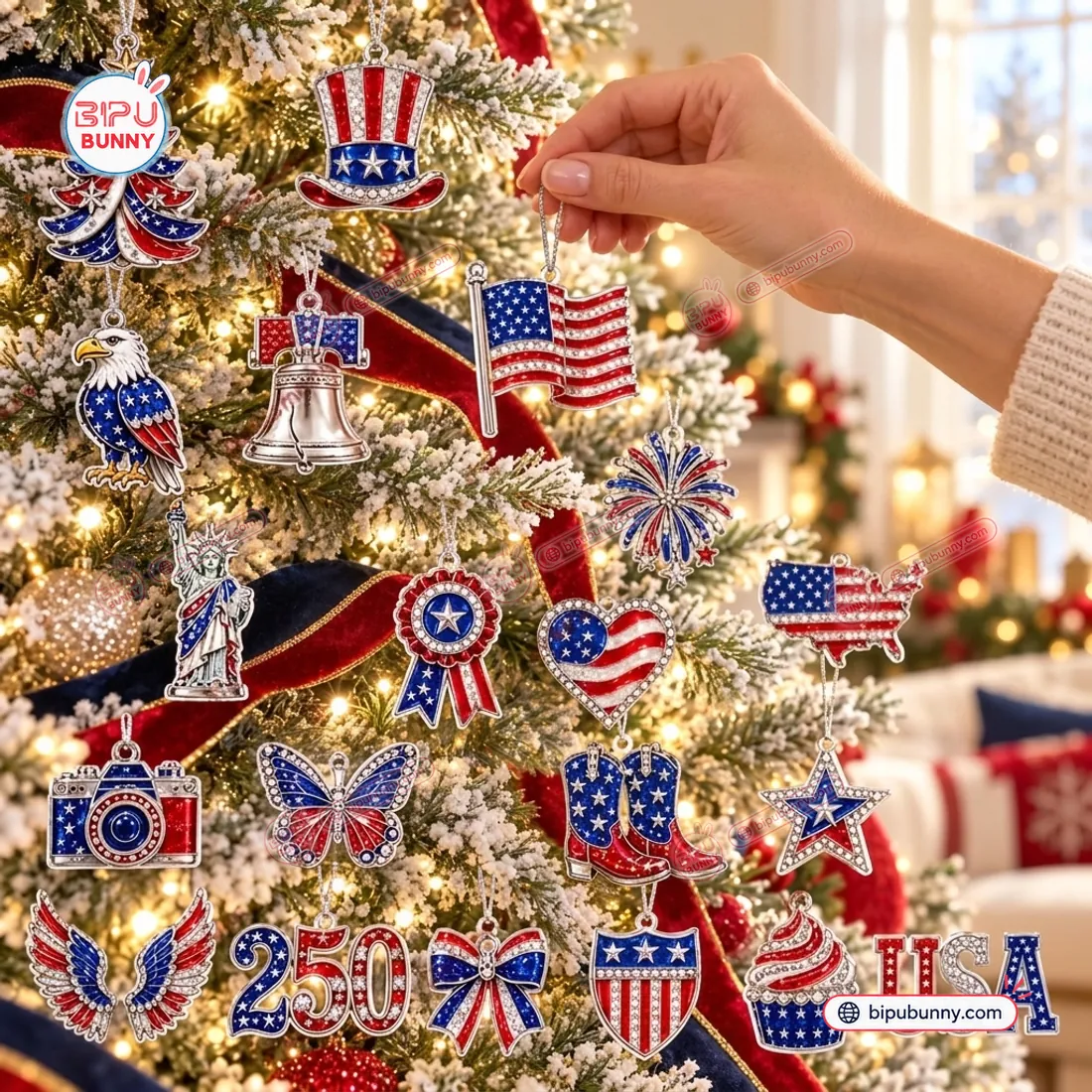America 250th Heritage Christmas Advent Calendar ornaments hanging from silver hooks on lighted evergreen Christmas tree branches