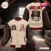 Front and back view of the Annabelle Creation Haunted Doll Varsity Jacket in cream and brown with red details.