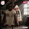 Front and back view of the Annabelle Creation Haunted Doll Varsity Jacket on a rack in a dusty room.