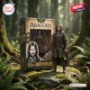 Front view of Aragorn The Lord Of The Rings 25th Anniversary Figure standing next to its box in a forest.