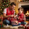 Man and boy opening an Arsenal FC Gunners Emirates Stadium 2026 Advent Calendar by a Christmas tree.