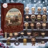Front view of an Assassin's Creed 20th Anniversary Advent Calendar next to a tiered display of vinyl figures.