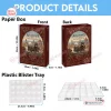 Product dimensions graphic showing front and back views of the Assassin's Creed 20th Anniversary Advent Calendar paper box and tray.