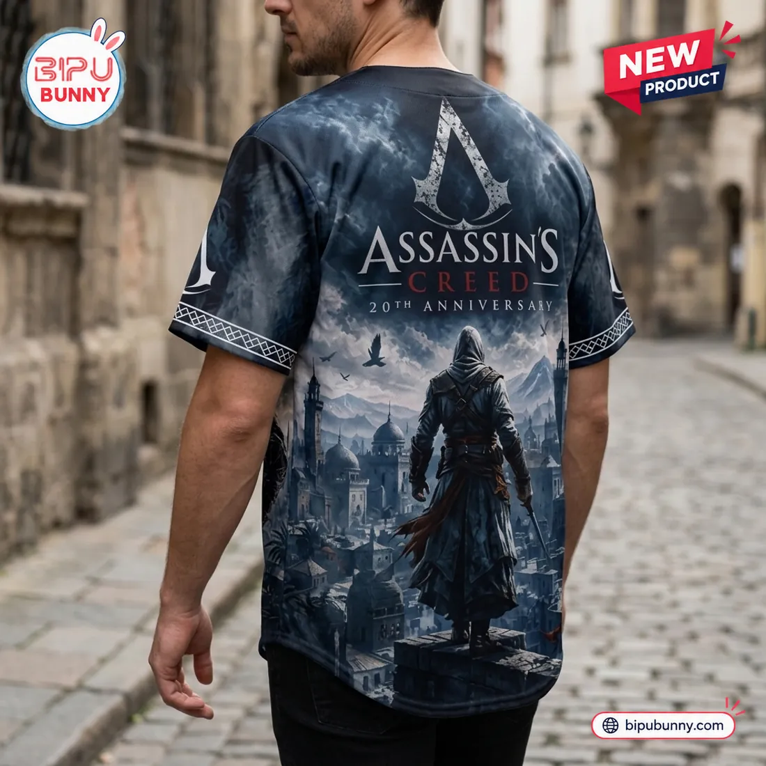 Back view of the Assassin's Creed 20th Anniversary Baseball Jersey displaying the weathered Brotherhood crest and rooftop viewpoint scene