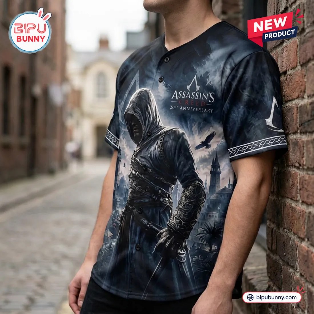 Front angled streetwear view of the Assassin's Creed 20th Anniversary Baseball Jersey with black button placket and embossed bracer graphic