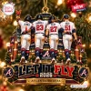 Front view of Atlanta Braves Let It Fly 2026 Christmas Ornament featuring four players with jerseys on stadium backdrop.