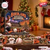 Front view of a Baltimore Orioles Baseball Christmas Advent Calendar with miniature ornaments displayed on a wooden table.