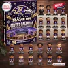 Front view of a Baltimore Ravens NFL Advent Calendar next to twenty-four mini player figurines.