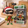 Front view of Robin Holiday Lights Edition vinyl figure with Santa hat and gift box next to its packaging box.