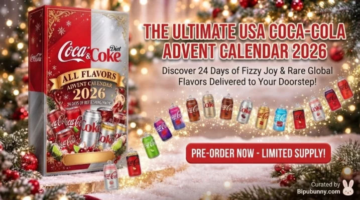 Diet Coke Advent Calendar 2026 split crimson and silver collector box with 24 3D miniature soda can ornaments in a holiday setting