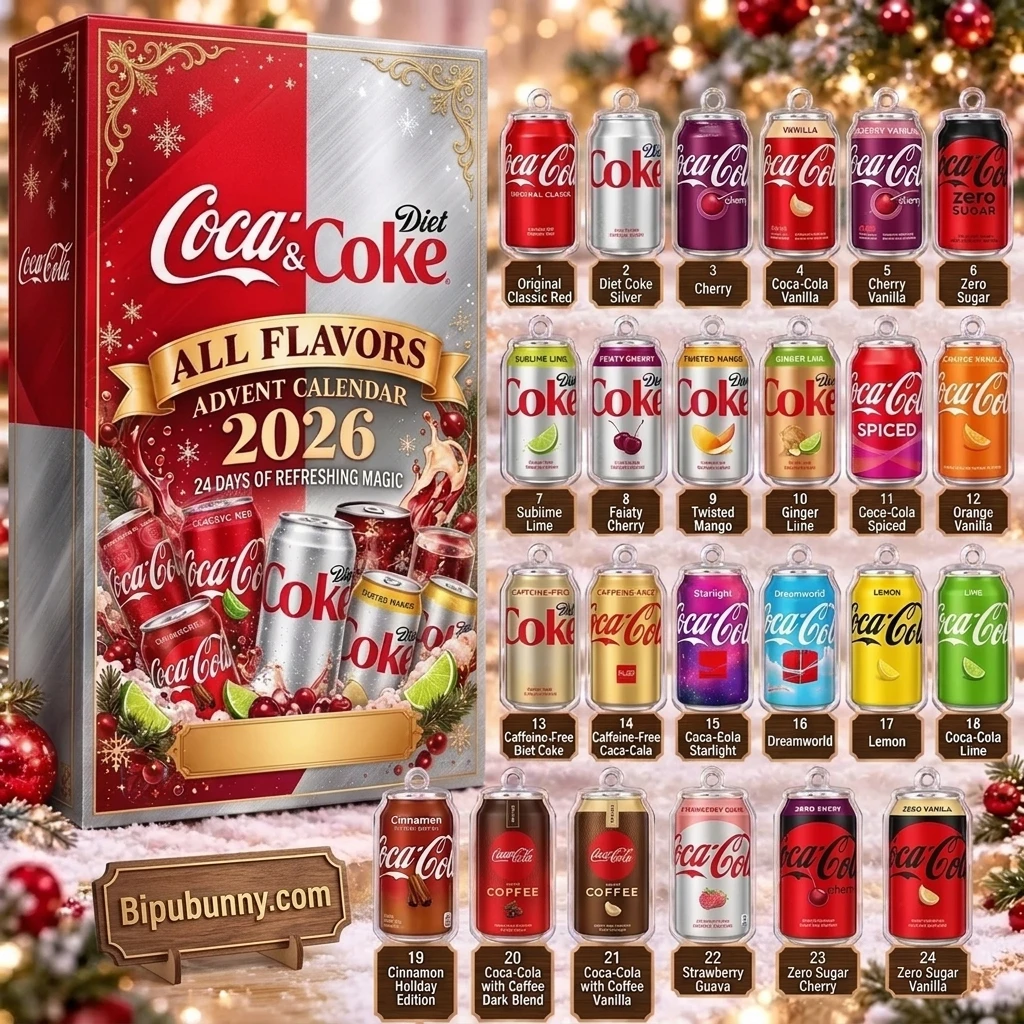 Flat-lay overview of all 24 numbered Diet Coke and Coca-Cola 3D miniature flavor can ornaments alongside the split red and silver 2026 Advent Calendar box