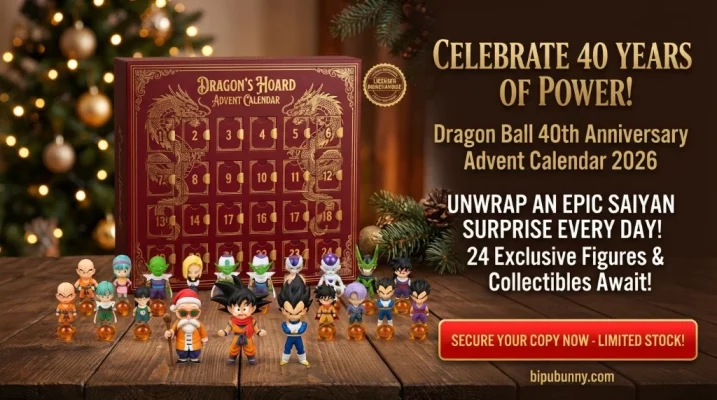 Dragon Ball 40th Anniversary Advent Calendar 2026 16:9 featured banner showing 24 vinyl figures and crimson vault
