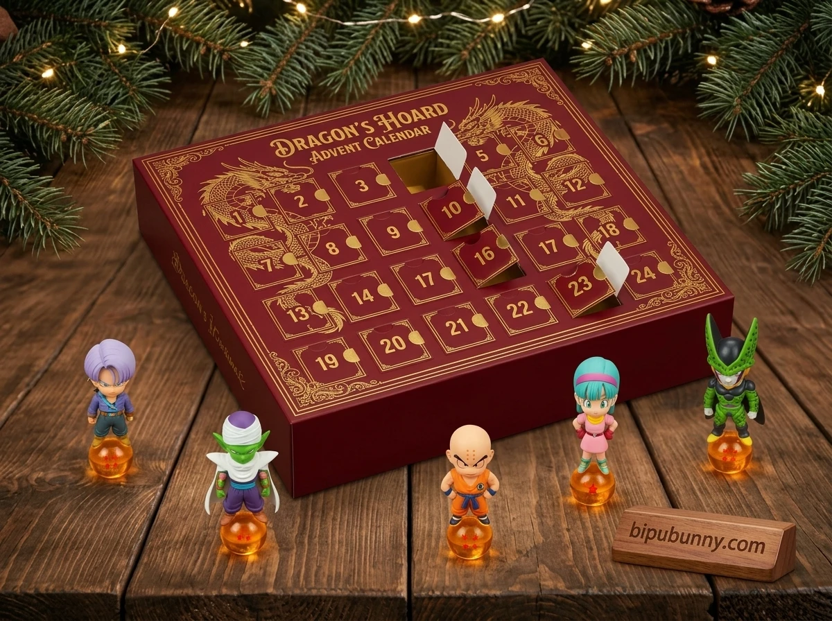 Close up overhead view of Dragon Ball 40th Anniversary Advent Calendar showing numbered gold tabs and collectible figures