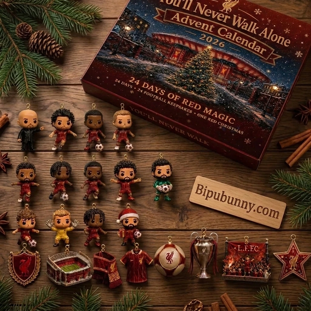 Overhead flat-lay of Liverpool FC 2026 Football Figure Advent Calendar showing 16 player figurines on an acrylic riser and 8 Anfield ornaments