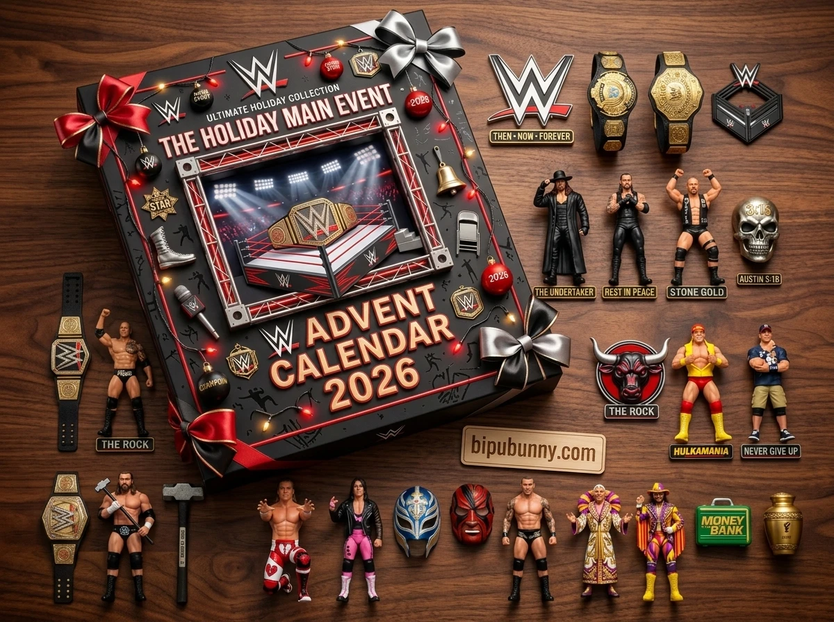 Close up overhead view of WWE Advent Calendar ornaments including championship belts and legend figurines
