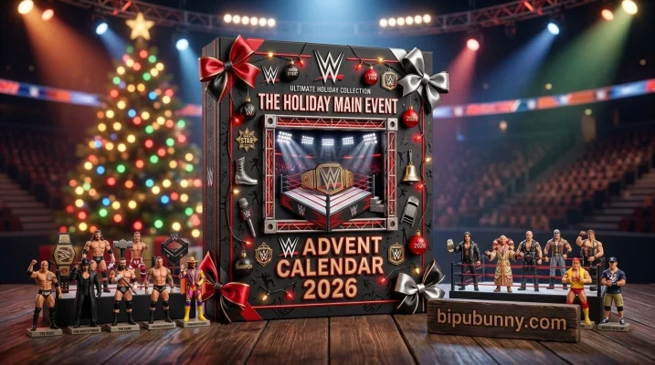 WWE The Holiday Main Event 2026 Advent Calendar 16:9 featured banner showing 24 legendary superstar ornaments