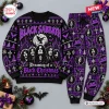 Front view of the Black Sabbath Christmas Ugly Sweater and Pants Set in purple and black with band member portraits.