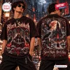 Front and back view of a person wearing a Black Sabbath Gothic Christmas T-Shirt with grim reaper and castle graphics.
