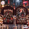 Front and back view of a Black Sabbath Gothic Christmas T-shirt featuring a skeletal figure, ravens, and a snowy cathedral scene.