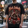 Front view of a person wearing a Black Sabbath Gothic Christmas t-shirt with a skeleton graphic.