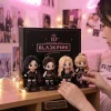 Front view of BLACKPINK 10th Anniversary Tour plush keychain set displayed in box with stands.