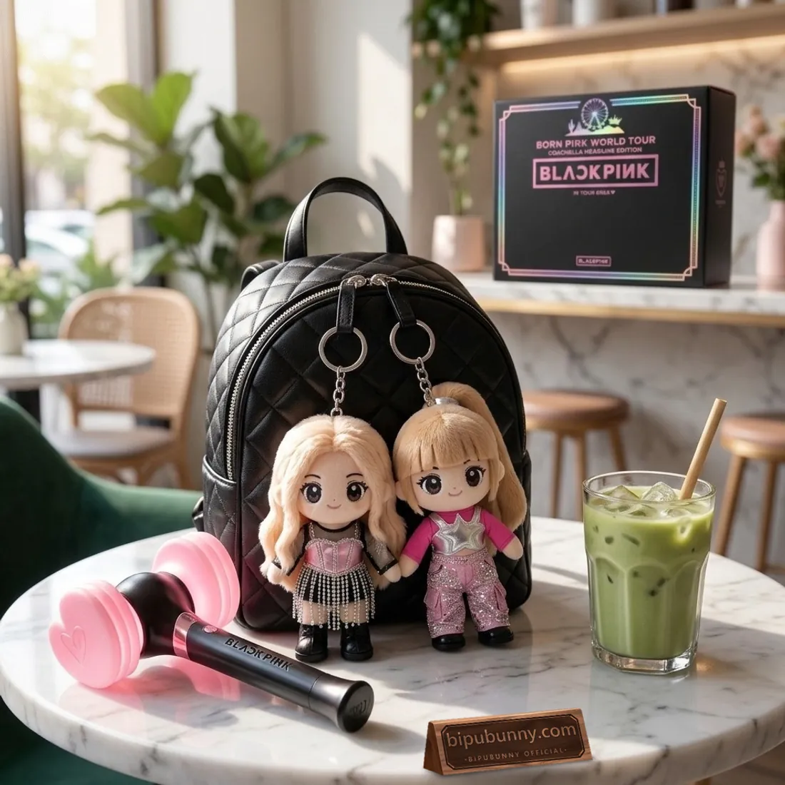 Rose and Lisa Born Pink Coachella Headline Edition plush keychains clipped to a quilted black leather mini backpack beside a BLACKPINK hammer lightstick