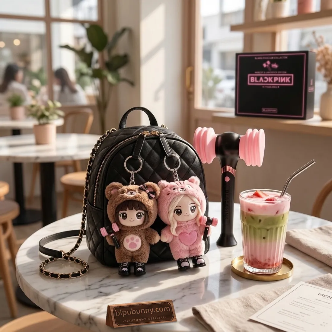 Jennie brown bear and Rose pink chipmunk plush keychains clipped to a quilted black leather mini backpack beside a BLACKPINK hammer lightstick