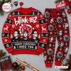 Front view of the Blink-182 Merry Christmas Ugly Sweater Jogger Set in red with band member portraits and holiday motifs.