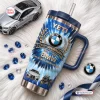 Front view of BMW 110th Anniversary 1916-2026 Handle Tumbler featuring blue tie-dye pattern.