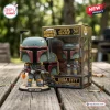 Front view of Boba Fett Star Wars 50th Anniversary Vinyl Figure standing outside on a wooden table.