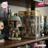 Front view of Boba Fett Star Wars 50th Anniversary Vinyl Figure standing beside its golden box.
