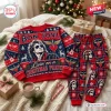 Front view of a Bon Jovi Christmas Sweater Jogger Set laid flat with festive holiday graphics and matching plaid pants.